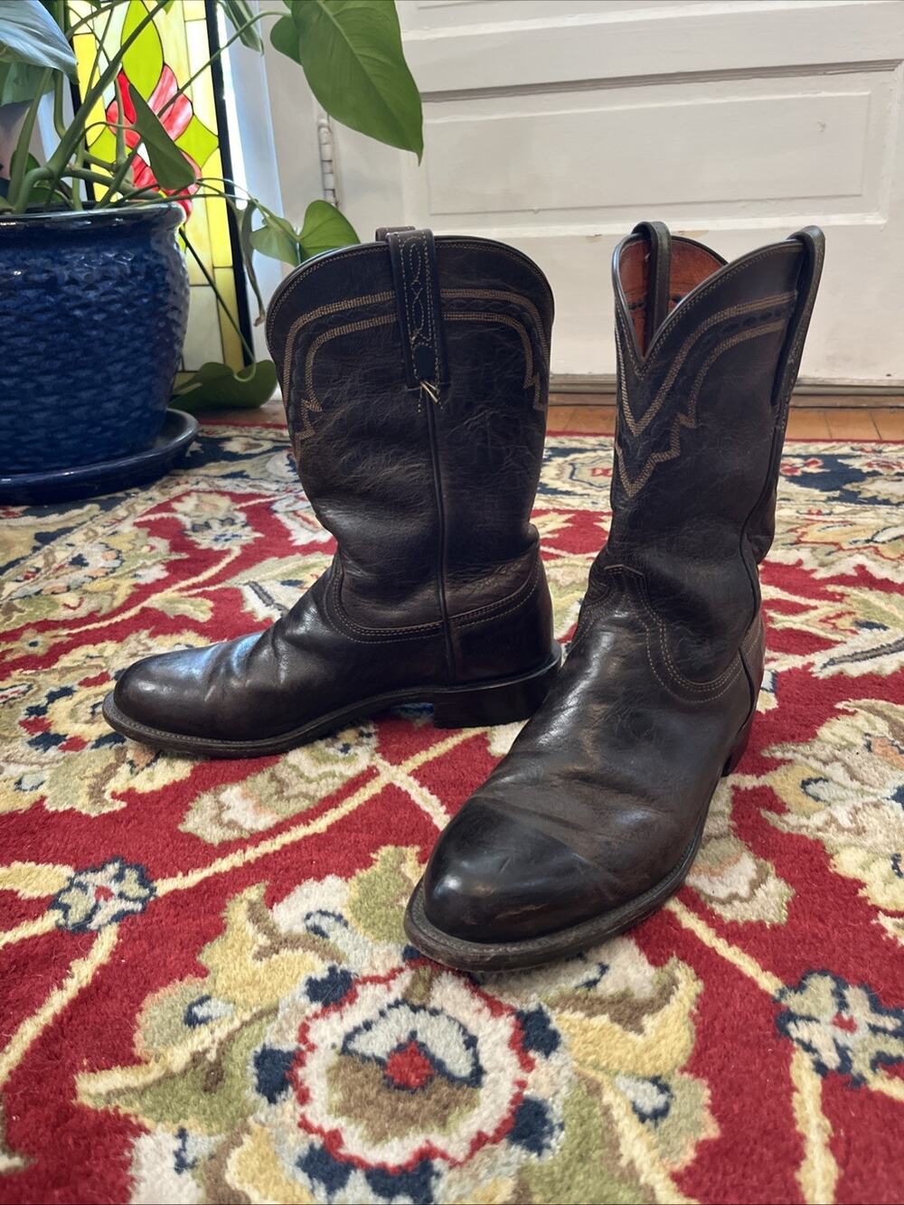 Vintage Lucchese 2000 Classic Western Boots 8 Brown Leather Mens Cowboy Western